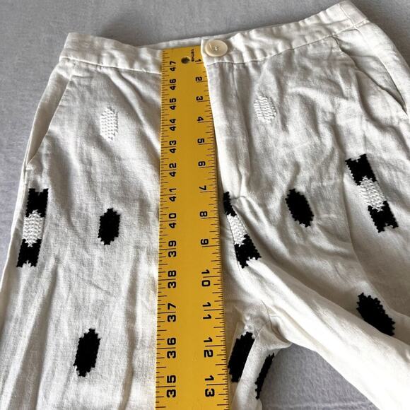 Zara Pants Womens High Rise X-Small Embroidered White Green Linen Blend - Picture 7 of 13
